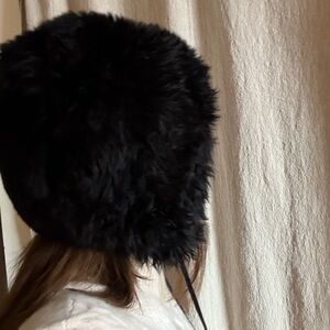 Black shearling Fur Hat Vintage with pom-poms